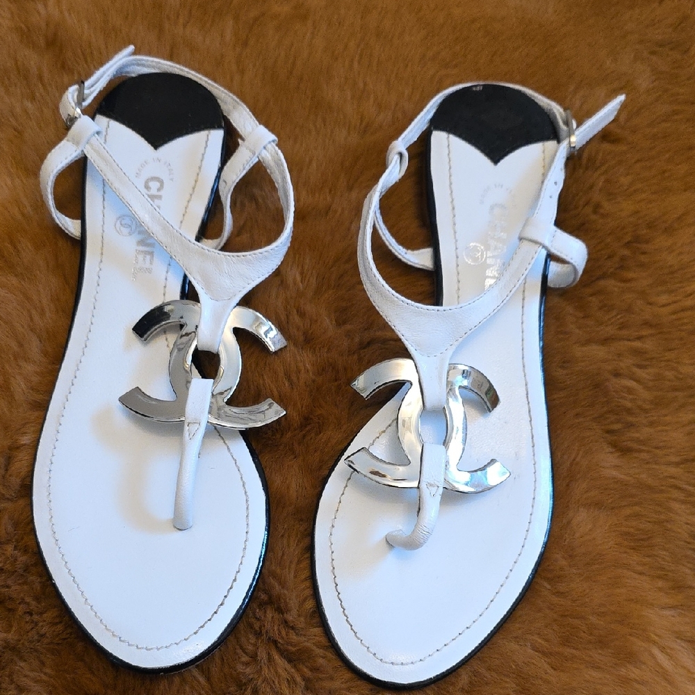 Chanel White and Silver T-Strap Sandals